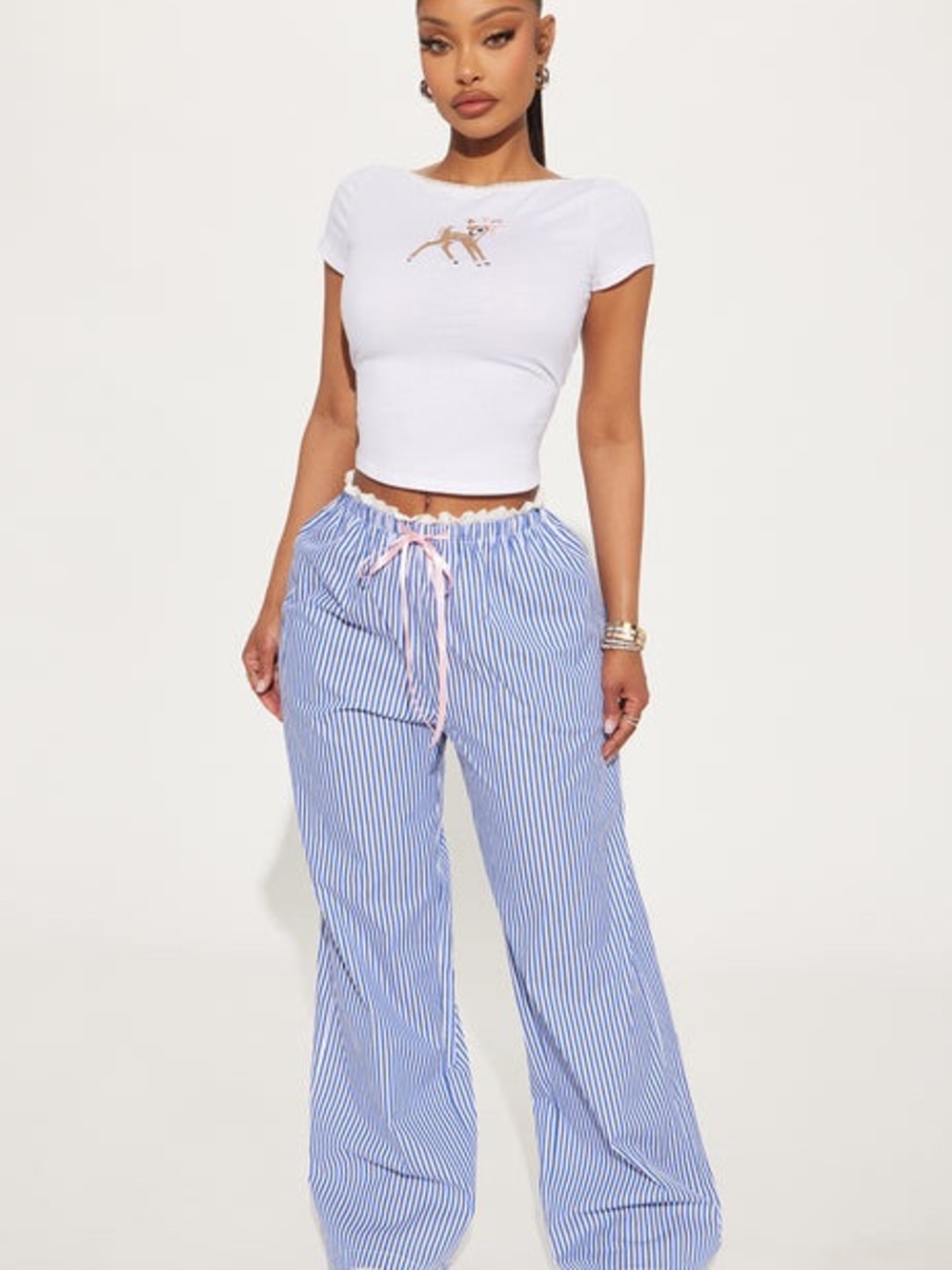 Fashion Nova Blue & White Striped Drawstring Wide-Leg Pants